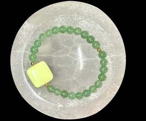 Abundance Bracelet (Aventurine with Lemon Chrysoprase Square Timepiece- Gold Knot)